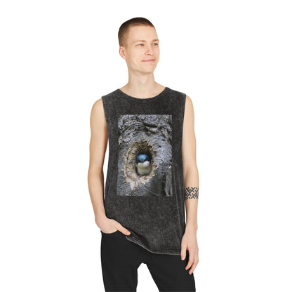 Bird Nest Photo Tank Top — Stonewash Sleeveless Tee with Chick in Hollow Tree