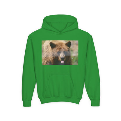 Youth Bear Hoodie — Cute Tongue-Out Bear Photo Kids Pullover