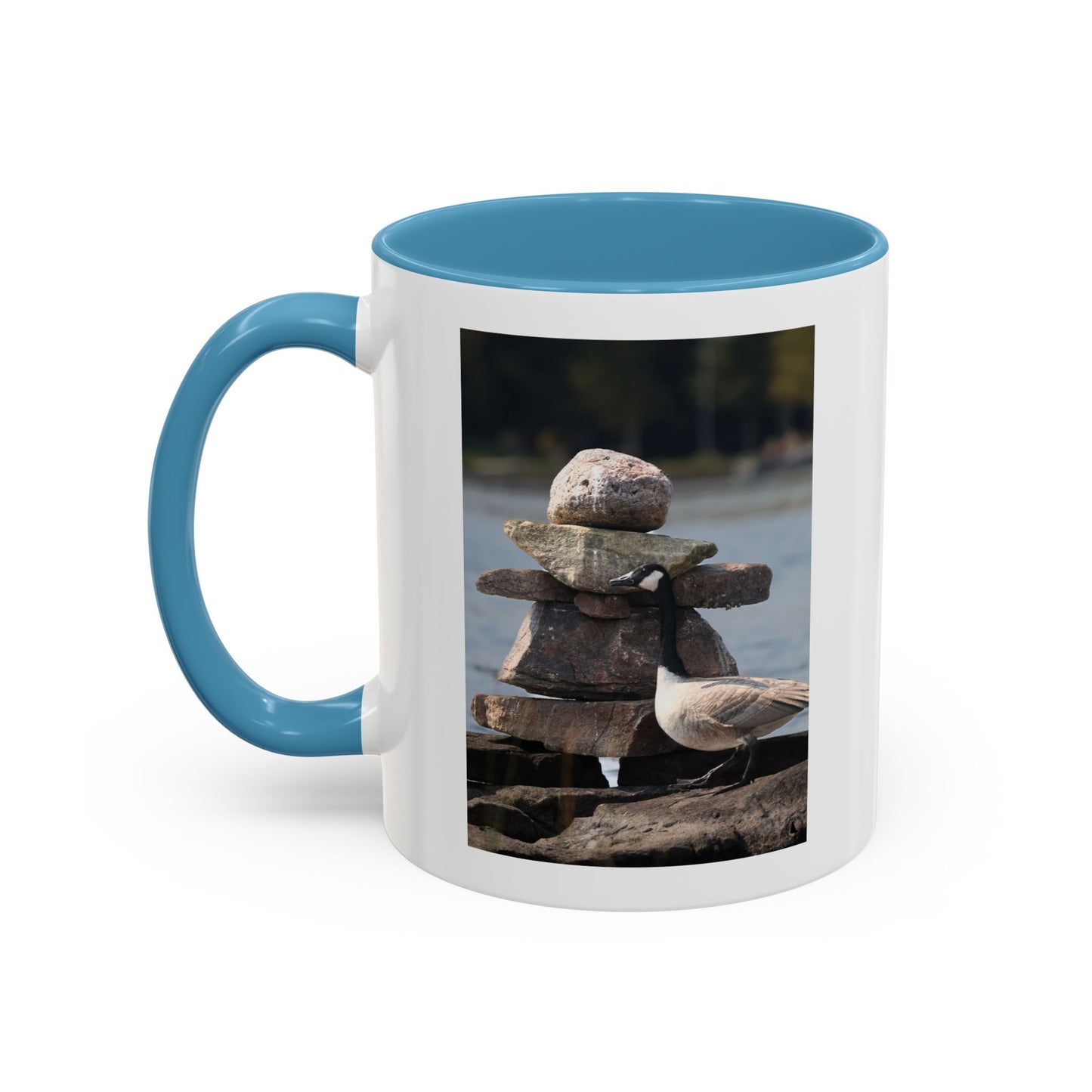 Seaside Rock Cairn Accent Coffee Mug — Coastal Bird & Stacked Stones Photo (11/15oz)