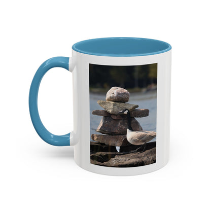 Seaside Rock Cairn Accent Coffee Mug — Coastal Bird & Stacked Stones Photo (11/15oz)