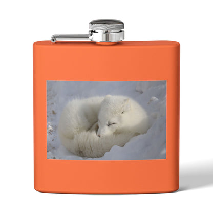 White Arctic Fox Flask — 6oz Stainless Steel Hip Flask with Sleeping Fox Photo