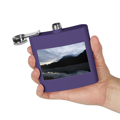 Mountain Lake Evening Stainless Steel Flask — 6oz Wilderness Hip Flask