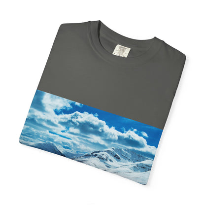 Alpine Majesty: Winter Mountain Panorama, Pristine Snow-Capped Peaks, Wilderness Landscapephotography shirts