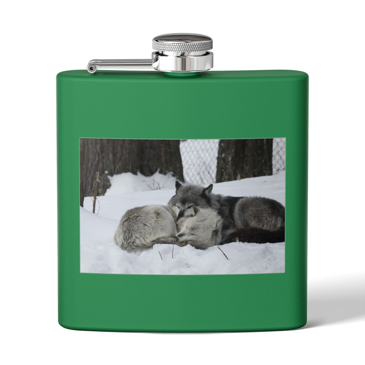 Wolf Pair Photo Stainless Steel Flask — 6oz Winter Wildlife Hip Flask