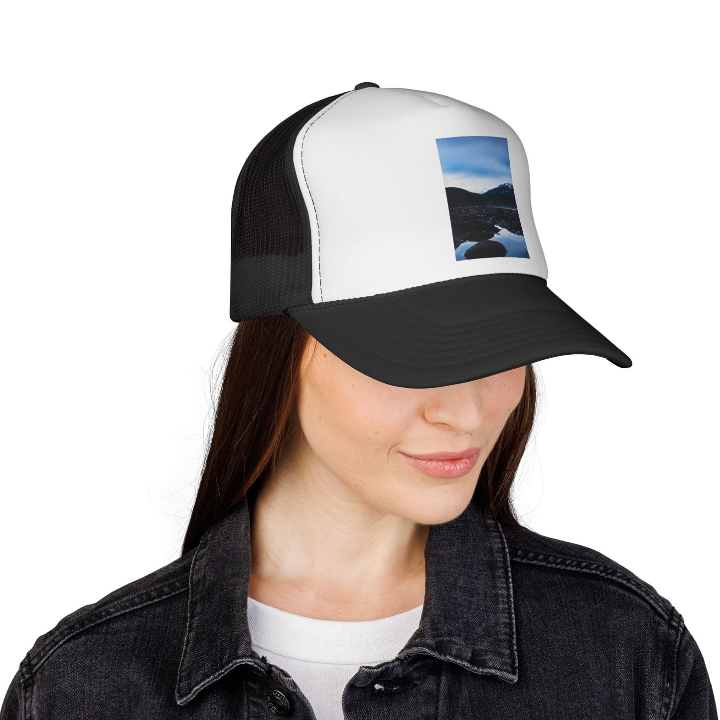 Mountain Lake Trucker Hat — Scenic Nature Photo Cap