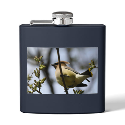 6oz Stainless Steel Flask with Cedar Waxwing Bird Photo — Wildlife Gift for Bird Lovers