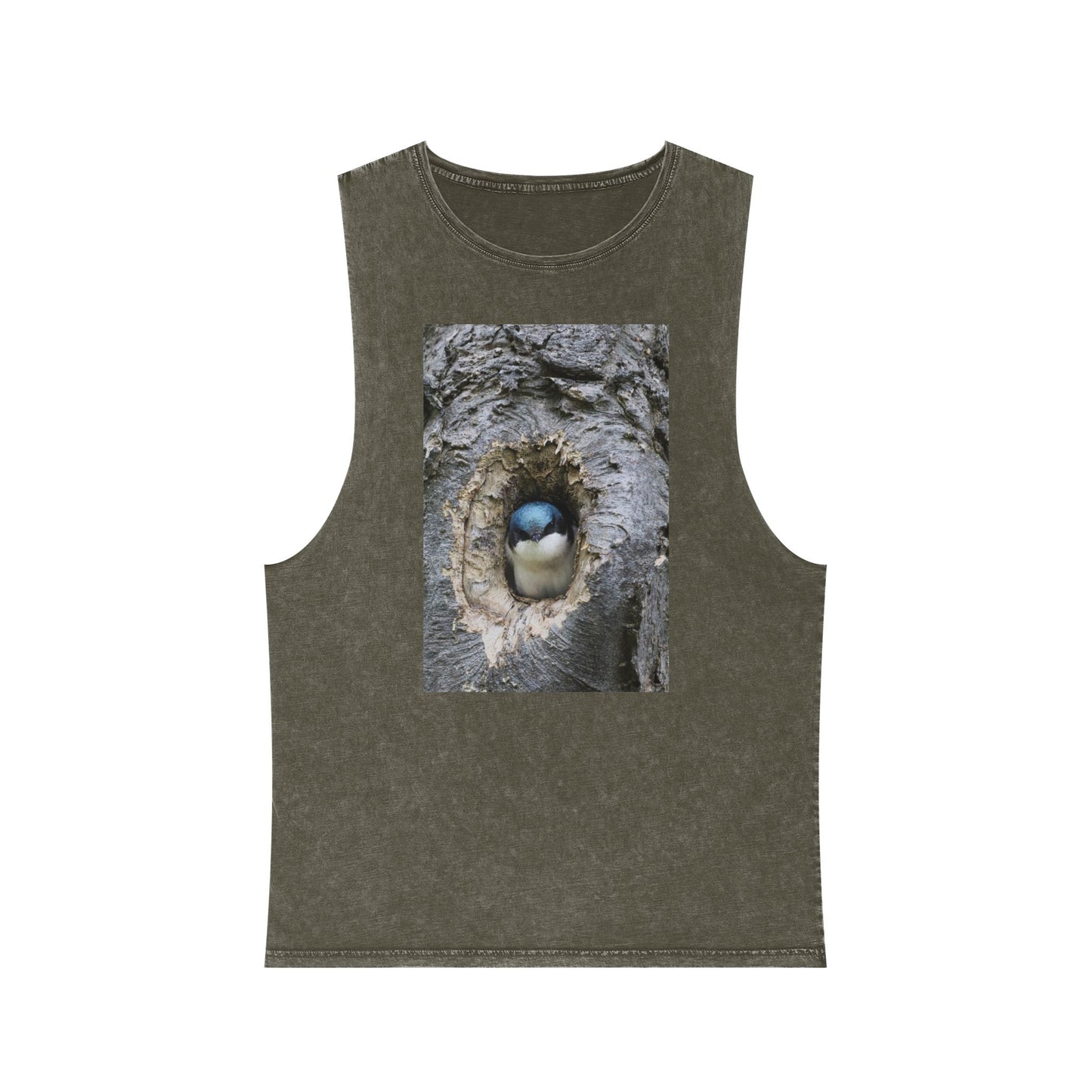 Bird Nest Photo Tank Top — Stonewash Sleeveless Tee with Chick in Hollow Tree