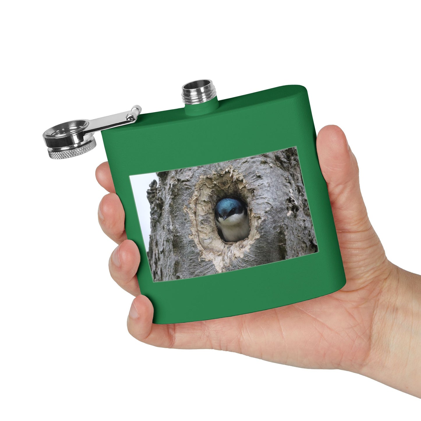 6oz Stainless Steel Flask with Tree Swallow Nest Photo — Nature Lover Gift