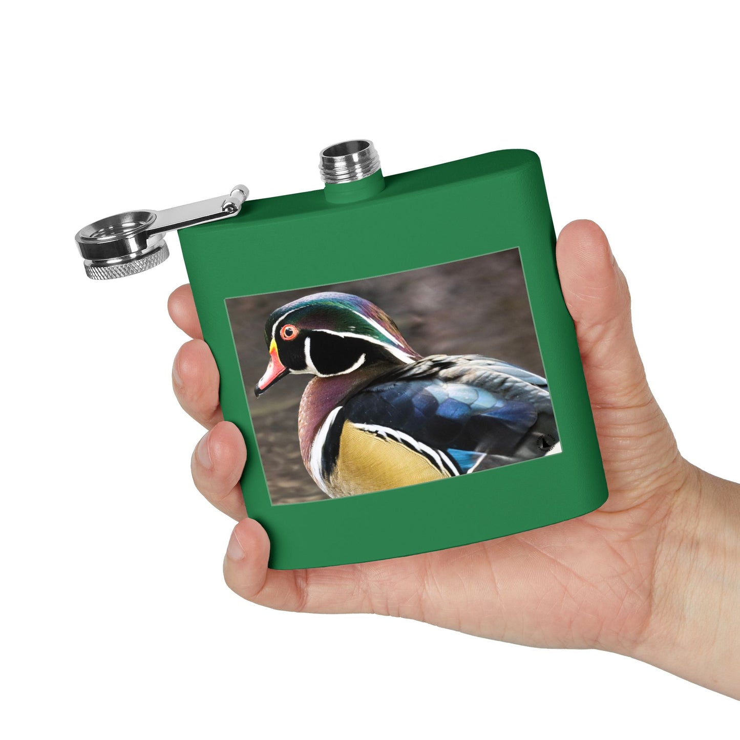 Wood Duck Stainless Steel Flask — 6oz Pocket Hip Flask for Birdwatchers & Outdoor Gifts
