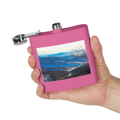 Mountain Vista 6oz Stainless Steel Flask — Scenic Blue Ridge Landscape