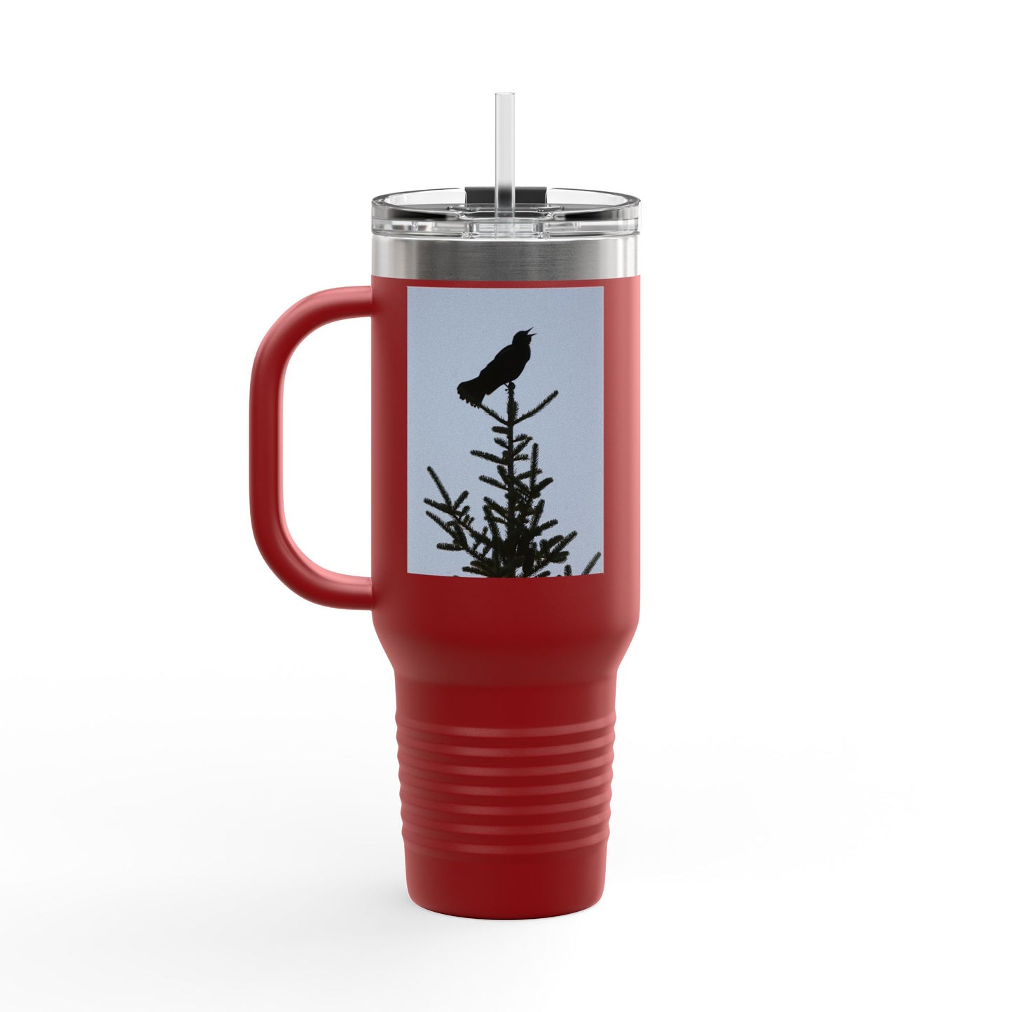 40oz Insulated Travel Mug — Raven Silhouette on Pine (Outdoor Nature Tumbler)