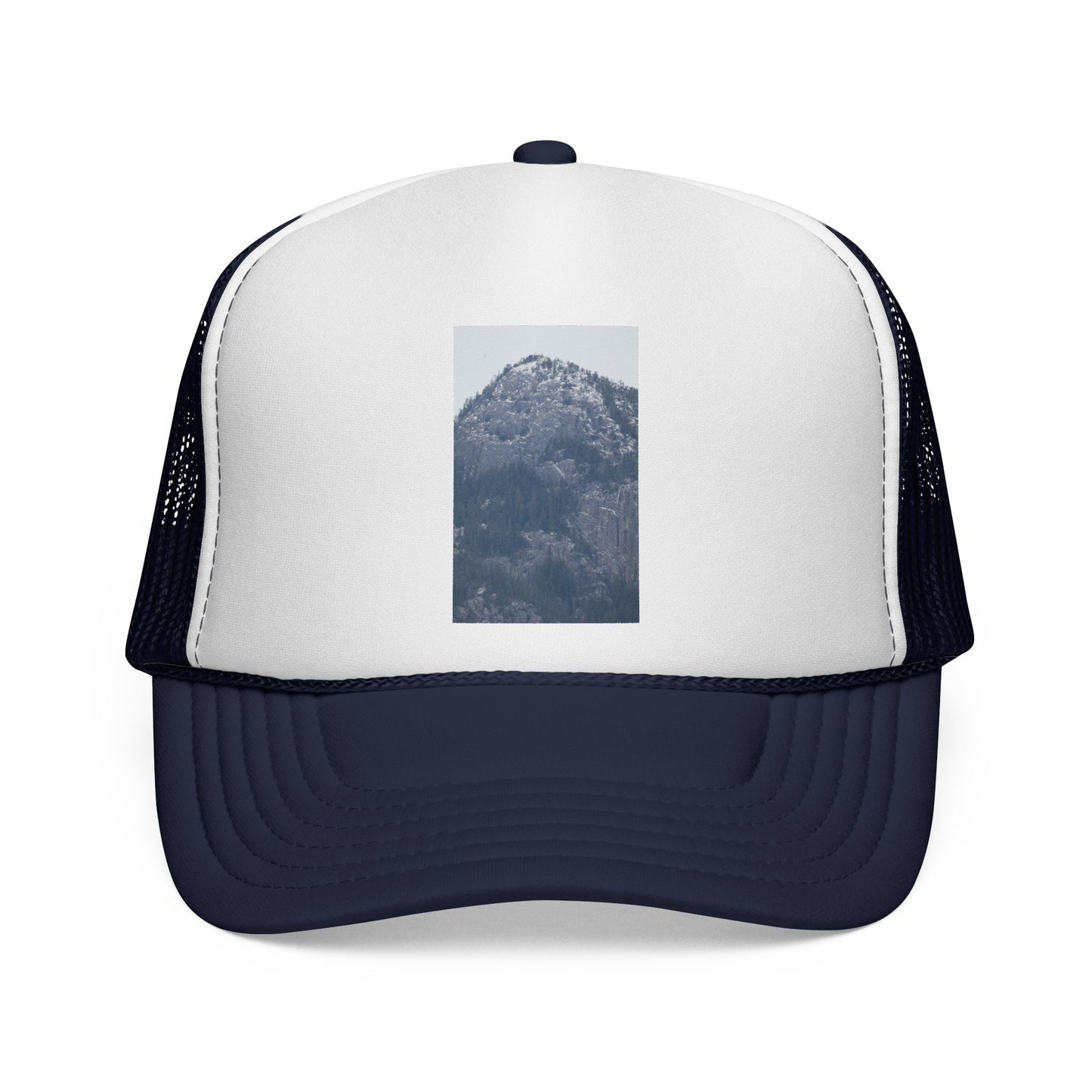 Mountain Peak Trucker Cap — Vintage Blue Photo Patch Mesh Hat
