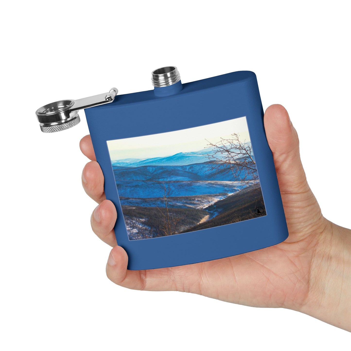 Mountain Vista 6oz Stainless Steel Flask — Scenic Blue Ridge Landscape