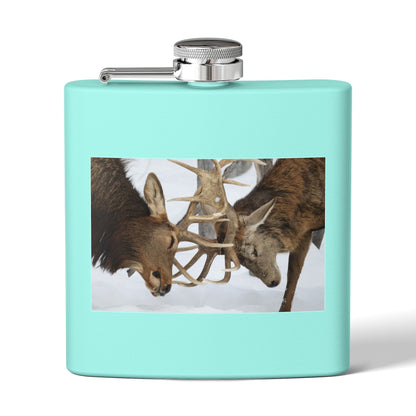 6oz Stainless Steel Flask — Wildlife Photo: Two Bucks Locking Antlers (Hunting Gift)