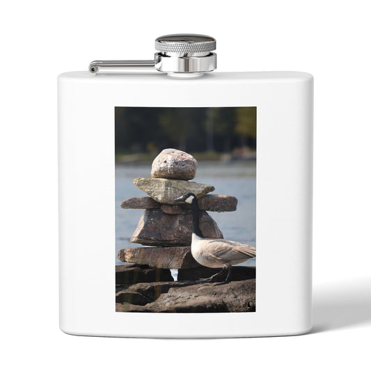 6oz Stainless Steel Flask with Goose & Stone Cairn Photo – Nature Wildlife Pocket Flask