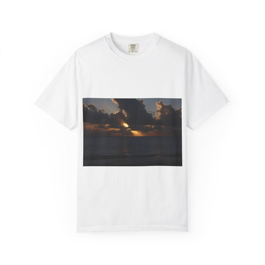Dawn's Luminous Horizon: Seascape Sunrise, Coastal Cloudscape Panoramaphotography shirts