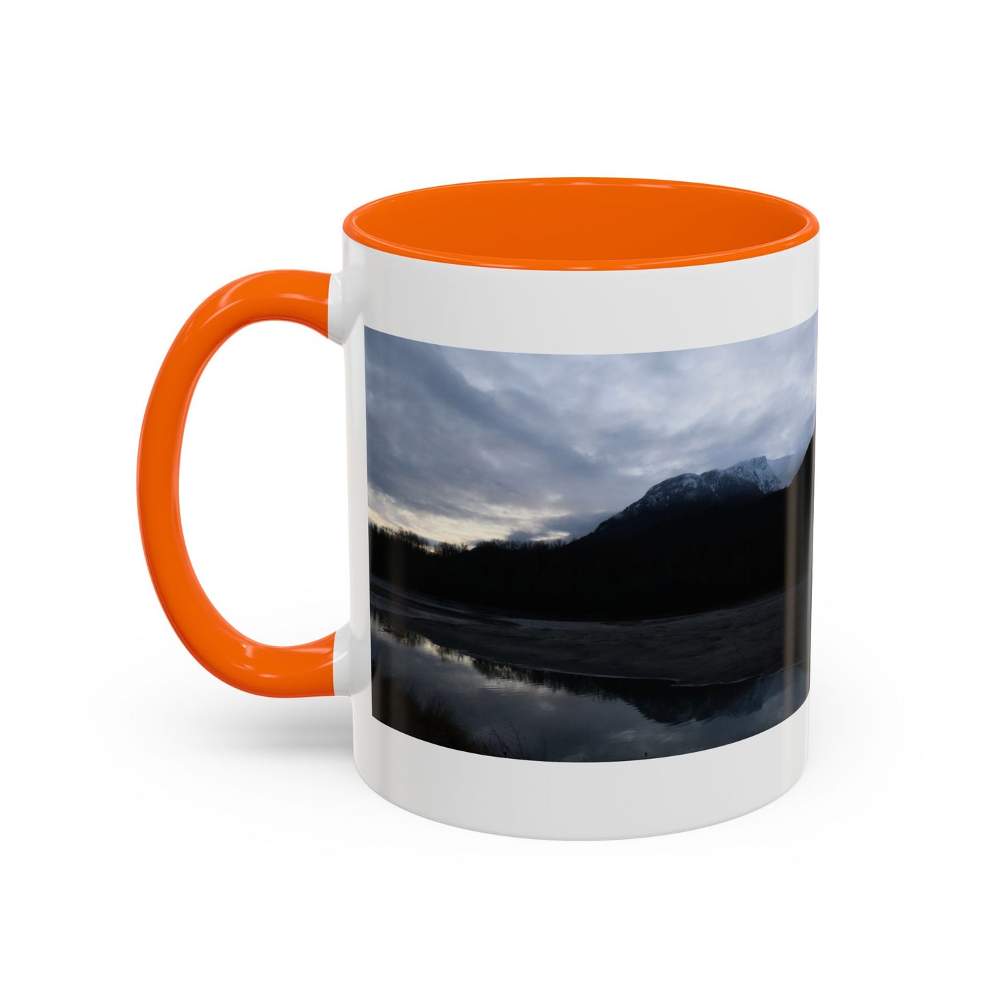 Scenic Mountain Lake Accent Coffee Mug — Moody Sunset Reflection (11oz & 15oz)
