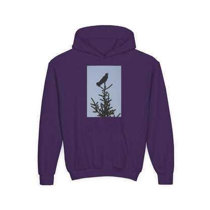 Youth Hoodie with Raven Silhouette on Pine — Cozy Nature Kids Sweatshirt