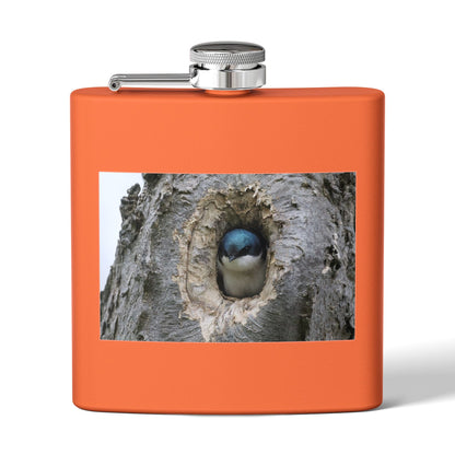 6oz Stainless Steel Flask with Tree Swallow Nest Photo — Nature Lover Gift