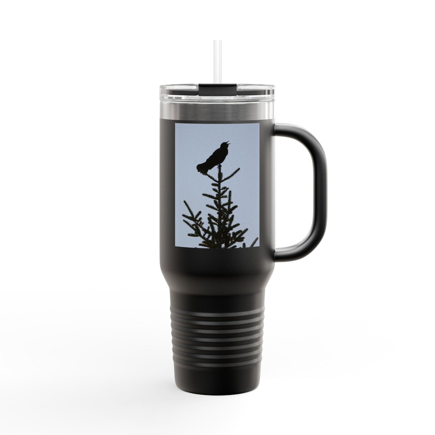 40oz Insulated Travel Mug — Raven Silhouette on Pine (Outdoor Nature Tumbler)