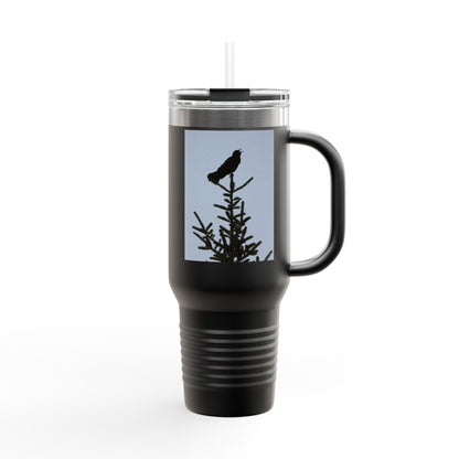 40oz Insulated Travel Mug — Raven Silhouette on Pine (Outdoor Nature Tumbler)