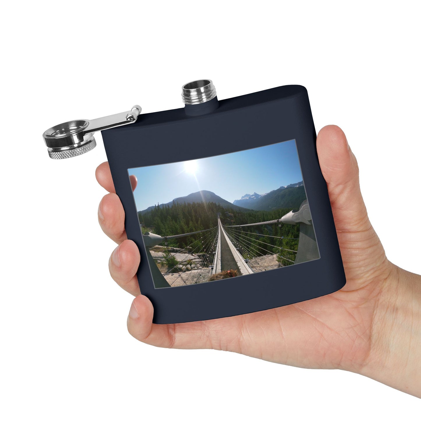 6oz Stainless Steel Flask with Mountain Suspension Bridge Photo — Outdoor Adventure Gift