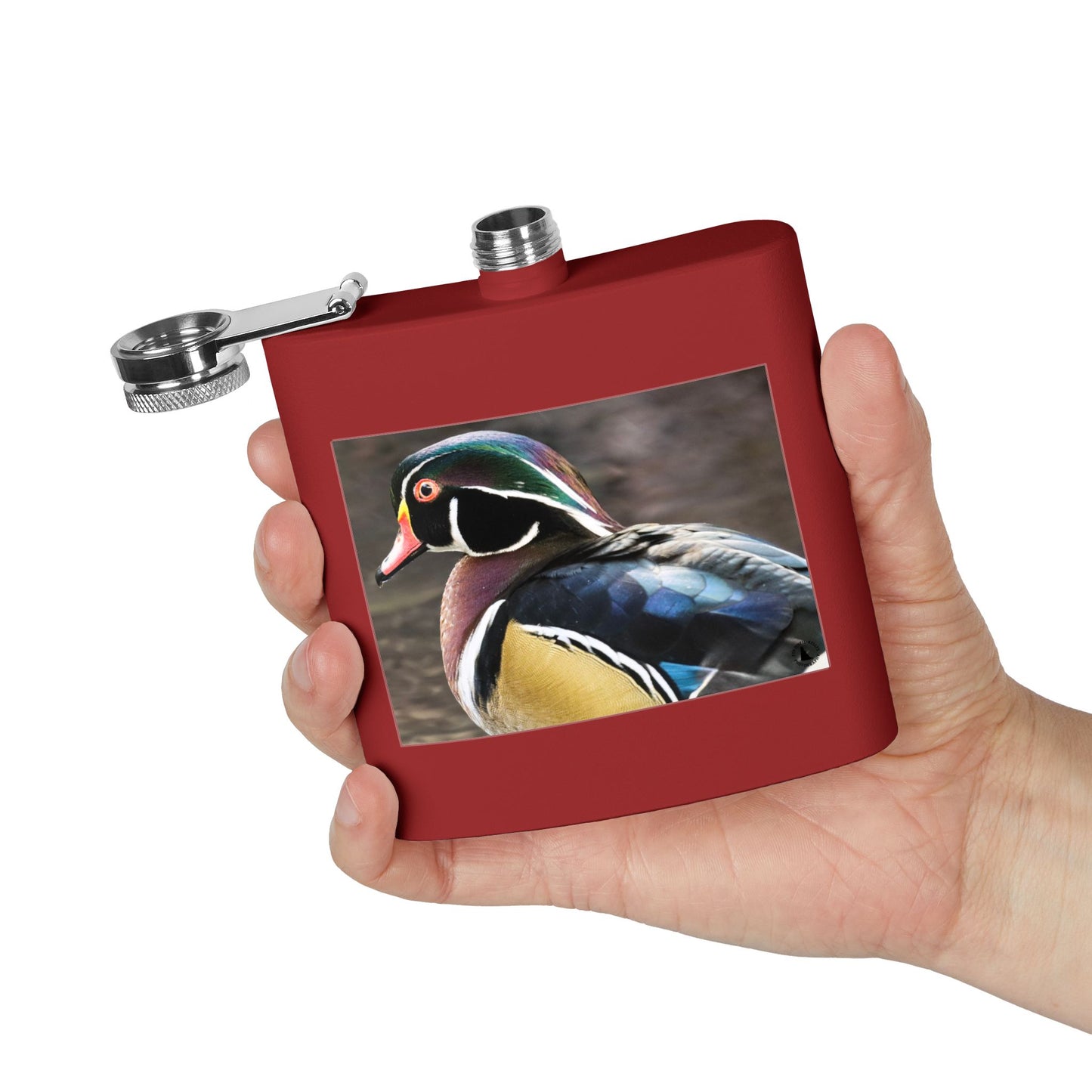 Wood Duck Stainless Steel Flask — 6oz Pocket Hip Flask for Birdwatchers & Outdoor Gifts
