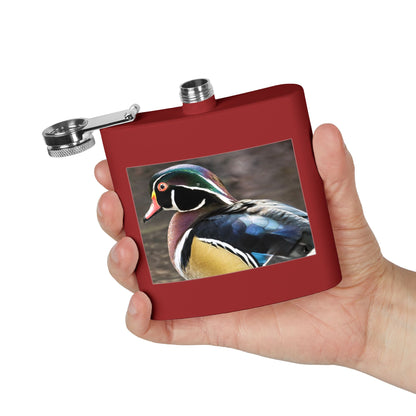 Wood Duck Stainless Steel Flask — 6oz Pocket Hip Flask for Birdwatchers & Outdoor Gifts