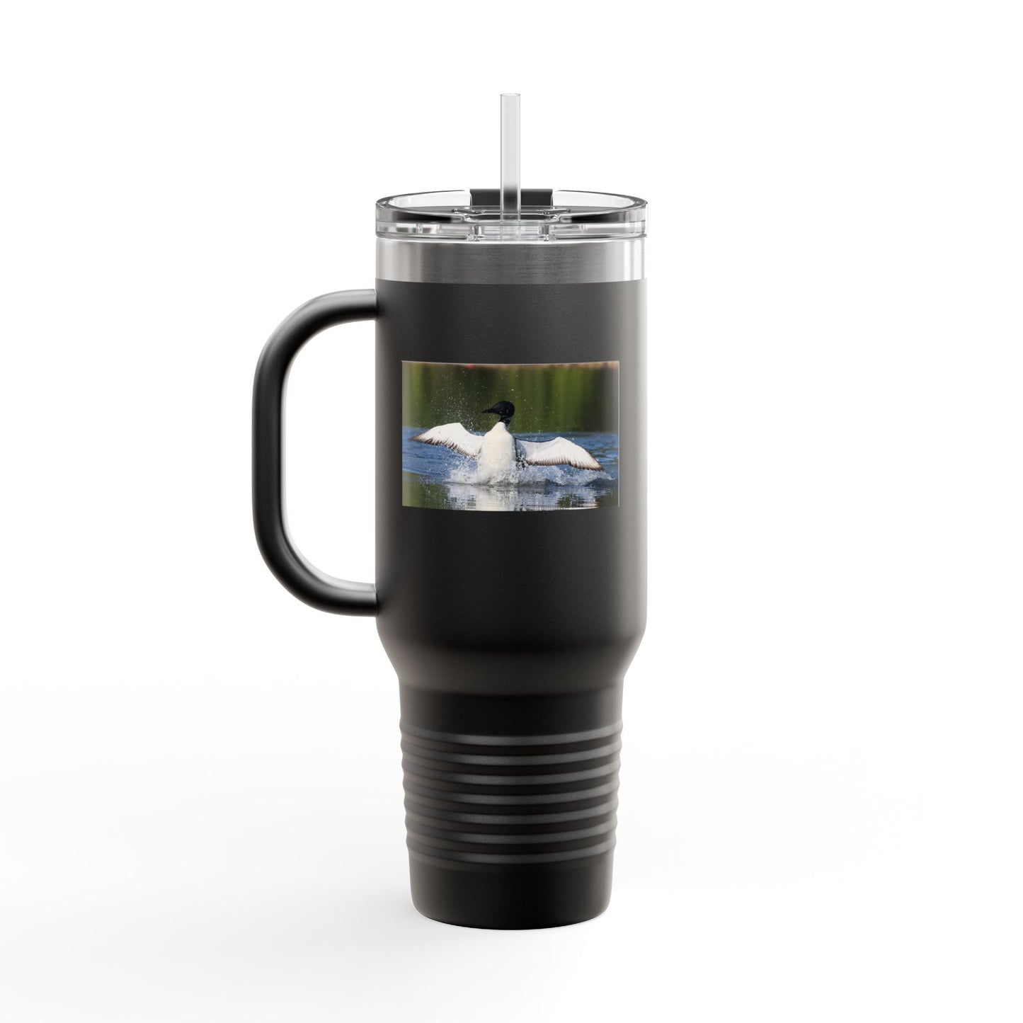 40oz Insulated Travel Mug with Scenic Loon Photo — Double-Wall Stainless Tumbler for Outdoors & Commuting
