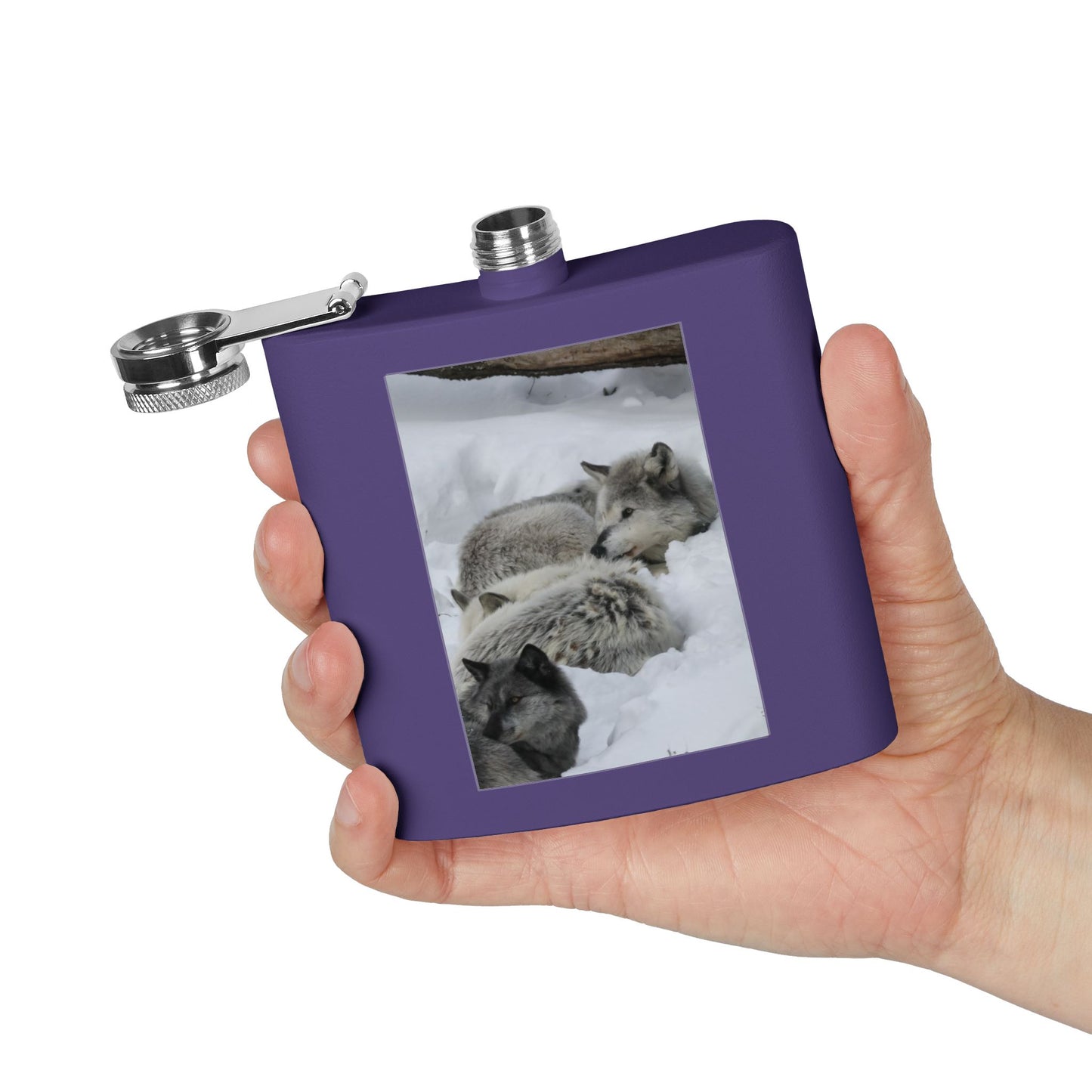 Wolf Pack Stainless Steel Flask – 6oz Snow Wolves Hip Flask