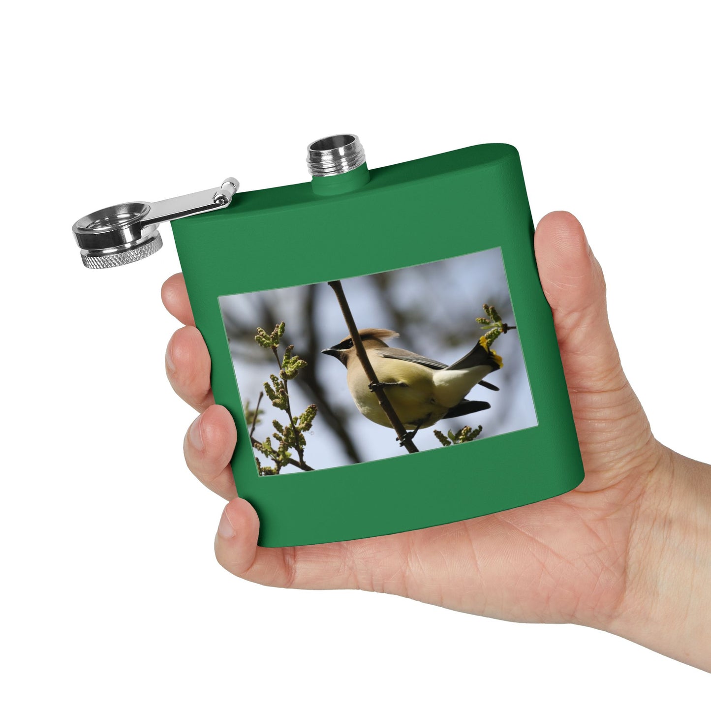 6oz Stainless Steel Flask with Cedar Waxwing Bird Photo — Wildlife Gift for Bird Lovers