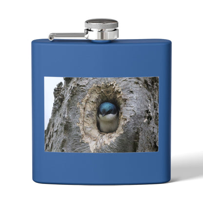 6oz Stainless Steel Flask with Tree Swallow Nest Photo — Nature Lover Gift