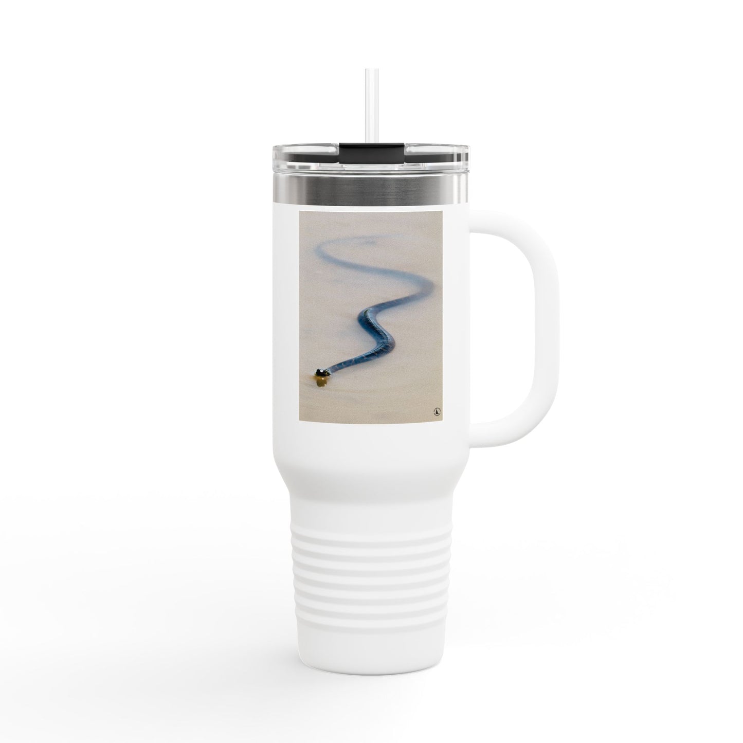 40oz Insulated Travel Mug – Minimal Beach Sand & Blue Wave Design