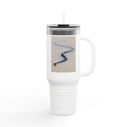 40oz Insulated Travel Mug – Minimal Beach Sand & Blue Wave Design