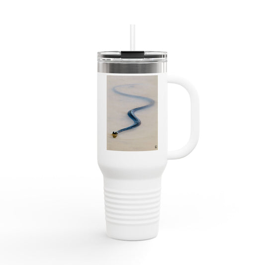 40oz Insulated Travel Mug – Minimal Beach Sand & Blue Wave Design