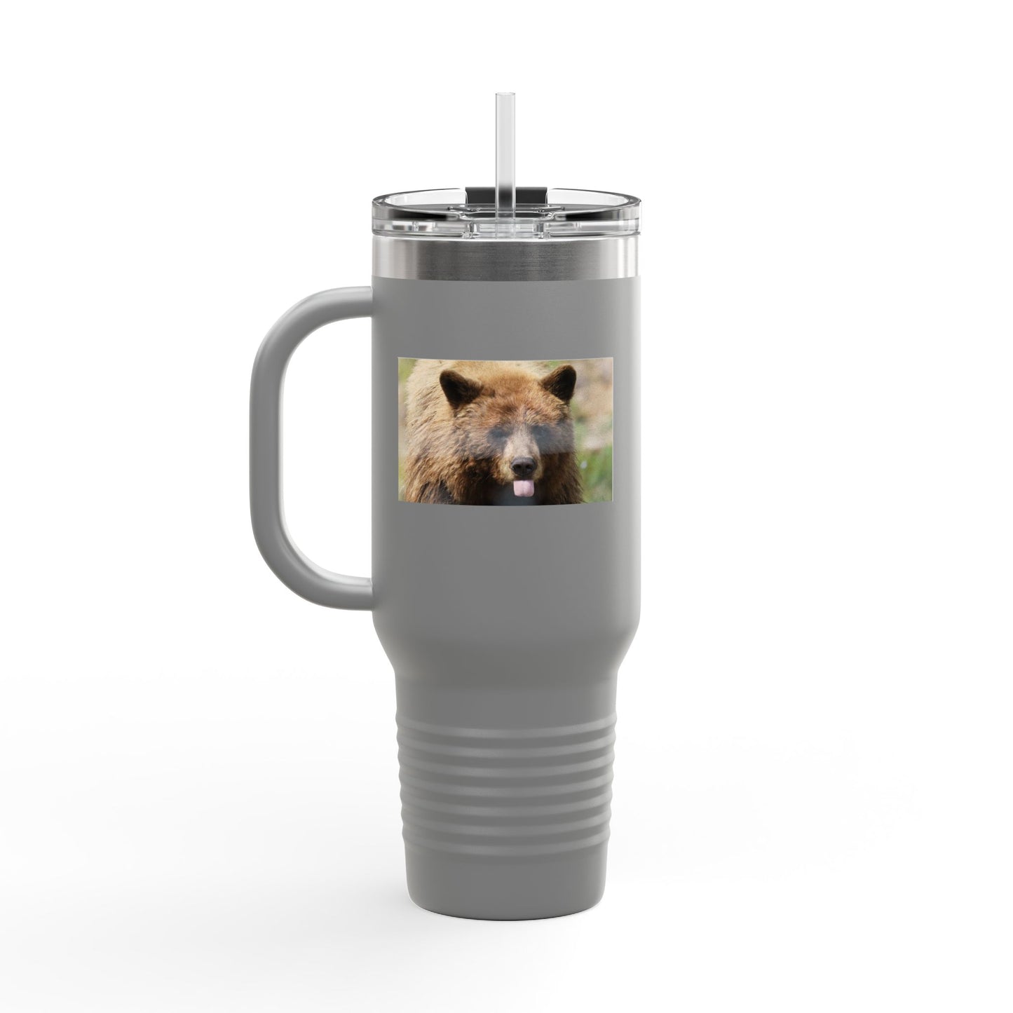 40oz Insulated Travel Mug — Photoreal Bear Photo, Stainless Steel Tumbler with Straw & Handle