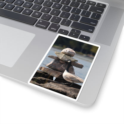 Seagull & Rock Cairn Kiss-Cut Sticker — Coastal Nature Photo Sticker