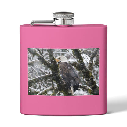 Eagle In Snow 6oz Stainless Steel Hip Flask — Bald Eagle Wildlife Photo Flask, Outdoor Gift for Hunters & Nature Lovers