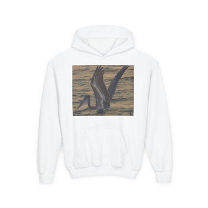 Youth Pelican Sunset Hoodie — Kids Beach Wildlife Pullover