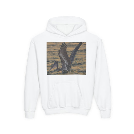Youth Pelican Sunset Hoodie — Kids Beach Wildlife Pullover