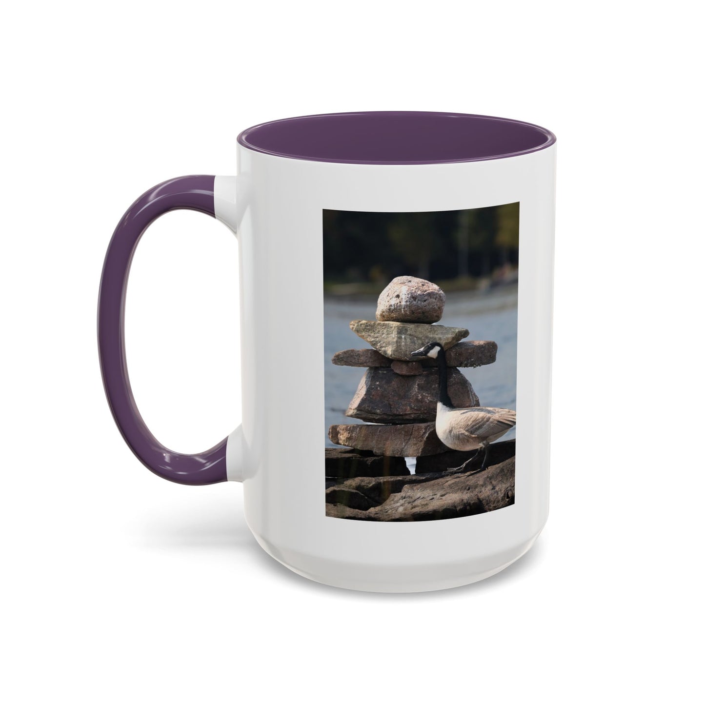 Seaside Rock Cairn Accent Coffee Mug — Coastal Bird & Stacked Stones Photo (11/15oz)
