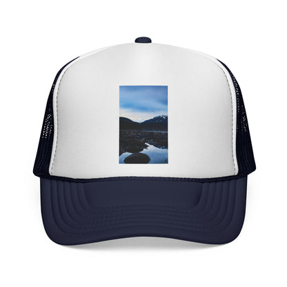 Mountain Lake Trucker Hat — Scenic Nature Photo Cap