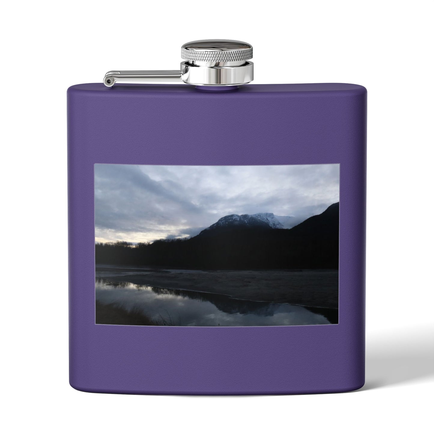 Mountain Lake Evening Stainless Steel Flask — 6oz Wilderness Hip Flask
