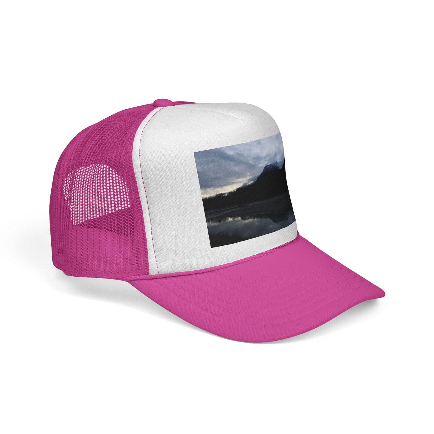 Mountain Lake Trucker Cap — Scenic Nature Photo Mesh Hat