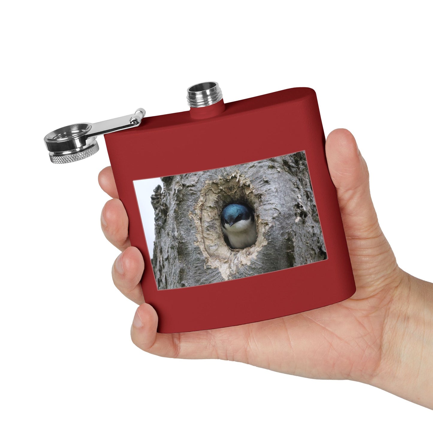 6oz Stainless Steel Flask with Tree Swallow Nest Photo — Nature Lover Gift