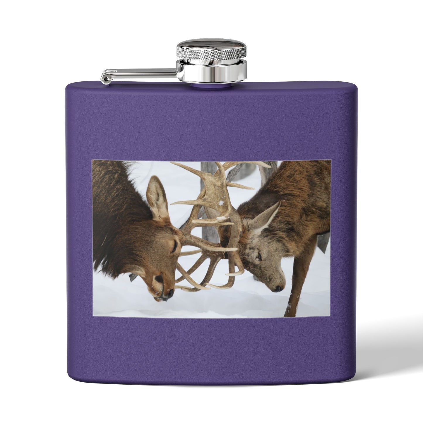 6oz Stainless Steel Flask — Wildlife Photo: Two Bucks Locking Antlers (Hunting Gift)