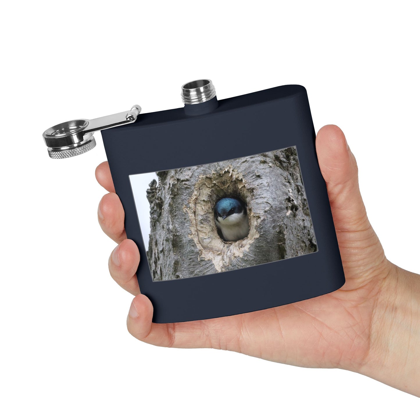 6oz Stainless Steel Flask with Tree Swallow Nest Photo — Nature Lover Gift