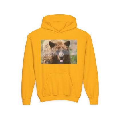Youth Bear Hoodie — Cute Tongue-Out Bear Photo Kids Pullover