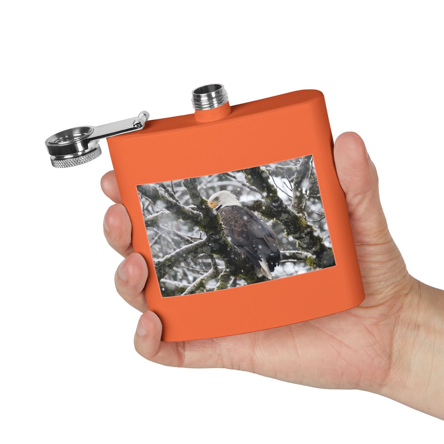 Eagle In Snow 6oz Stainless Steel Hip Flask — Bald Eagle Wildlife Photo Flask, Outdoor Gift for Hunters & Nature Lovers
