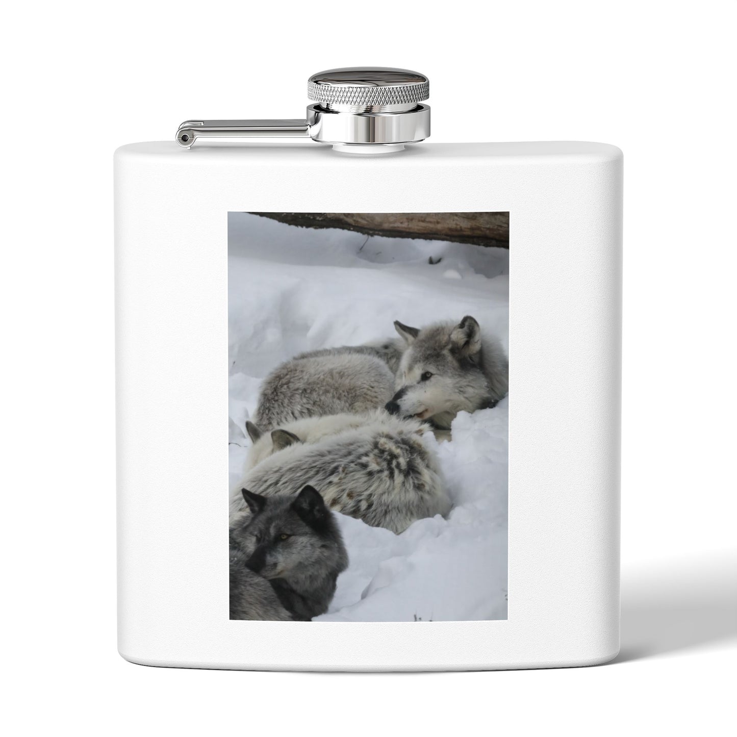 Wolf Pack Stainless Steel Flask – 6oz Snow Wolves Hip Flask